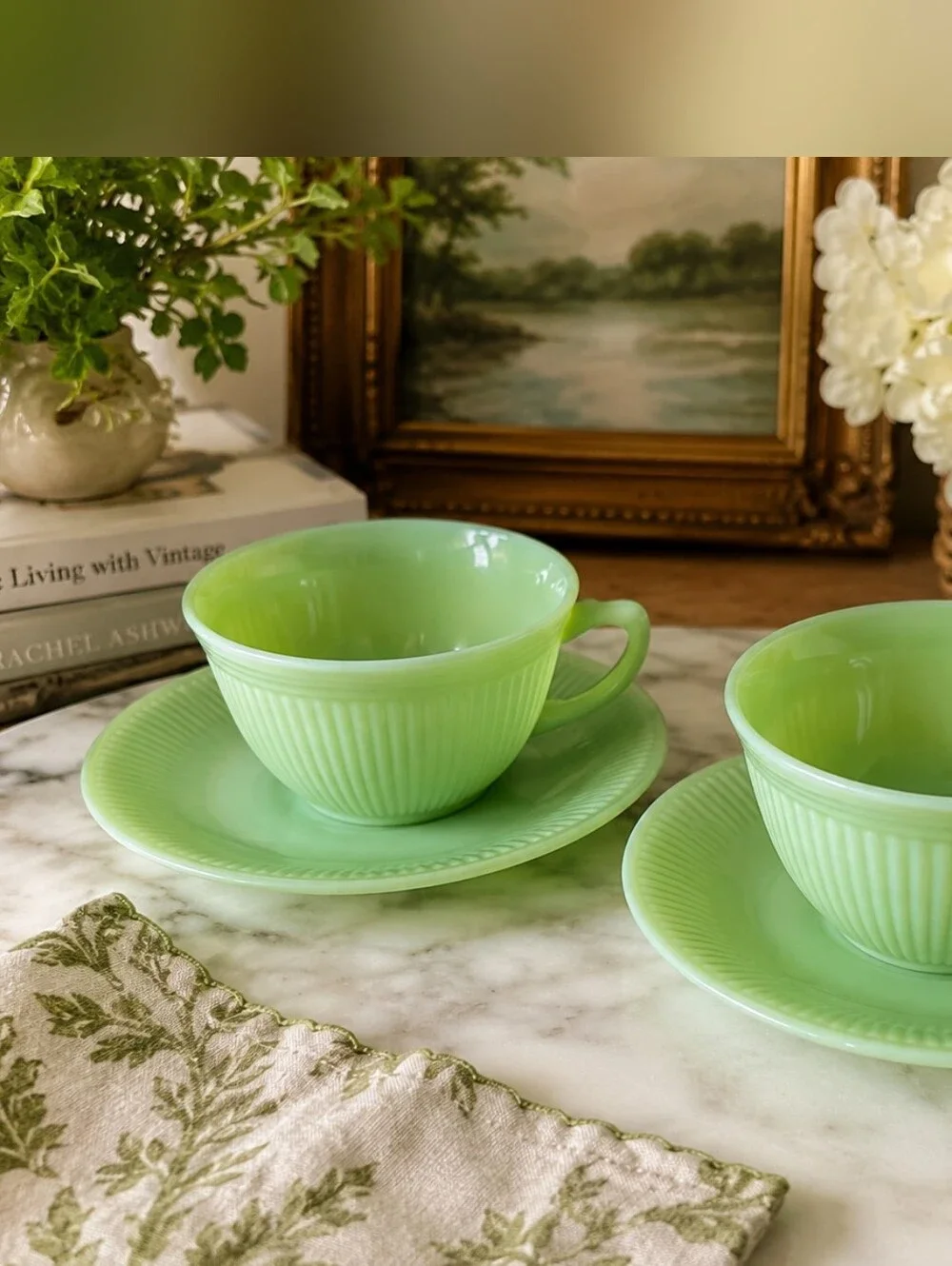 Fire King Jane Ray Jadeite Cup & Saucer Set of 2 Vintage USA Green Milk Glass